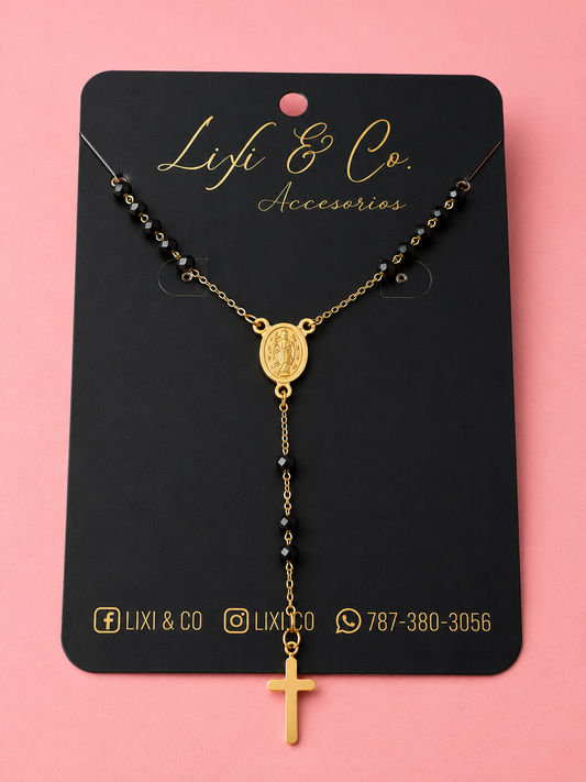 Crucifijo Negro – Collar Rosario de Acero Inoxidable